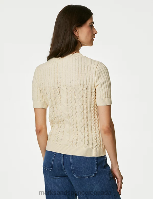 Women Ecru Clothing Marks & Spencer Cotton Rich Cable Knit Knitted Top 20VTD1078 - Marks and Spencer online