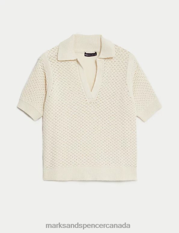 Women Ecru Clothing Marks & Spencer Cotton Rich Collared Knitted Top 20VTD39 - Marks and Spencer online