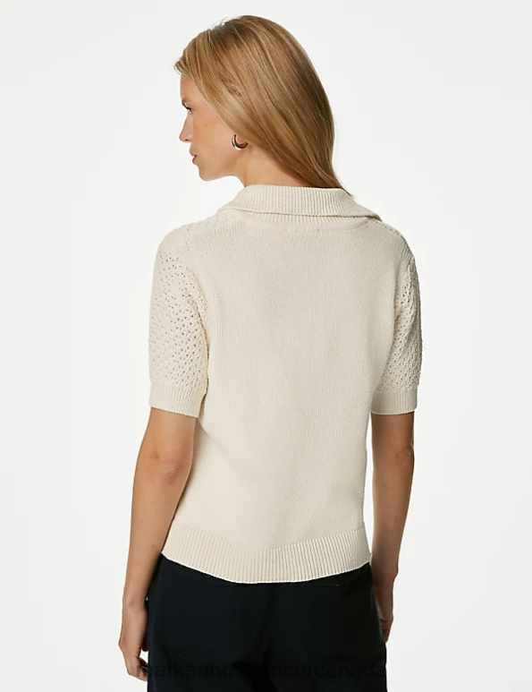 Women Ecru Clothing Marks & Spencer Cotton Rich Collared Knitted Top 20VTD39 - Marks and Spencer online