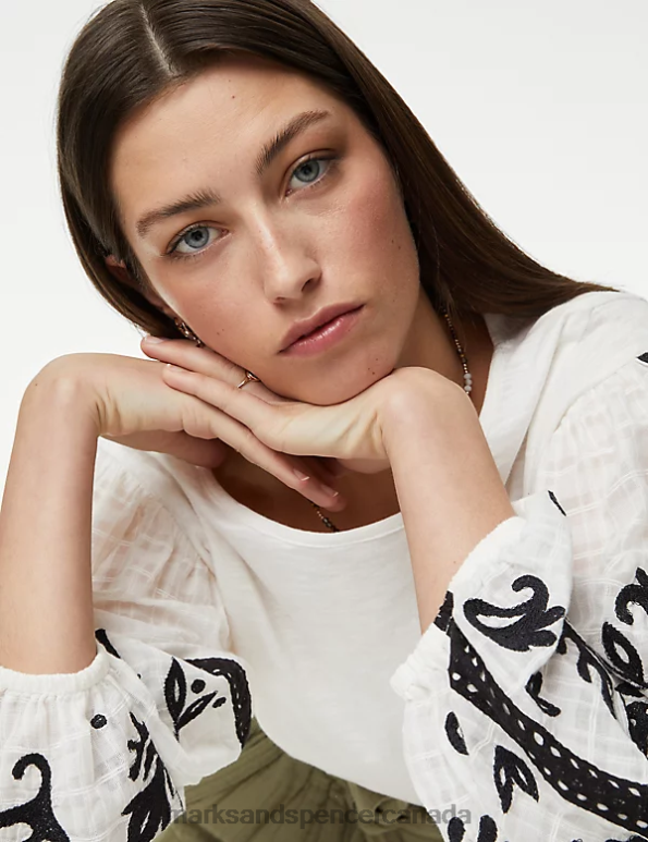 Marks and Spencer near me - Women Ecru Clothing Marks & Spencer Pure Cotton Embroidered Top 20VTD2571