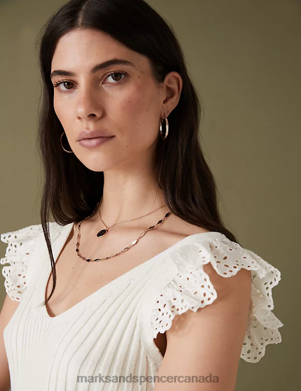 Women Ecru Clothing Marks & Spencer Pure Cotton Ribbed Frill Detail Knitted Top 20VTD2449 - Marks and Spencer outlet