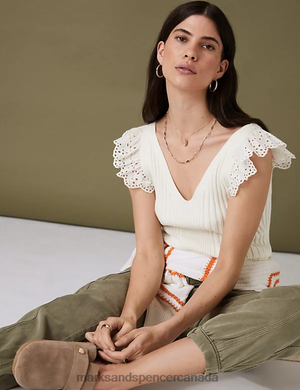 Women Ecru Clothing Marks & Spencer Pure Cotton Ribbed Frill Detail Knitted Top 20VTD2449 - Marks and Spencer outlet