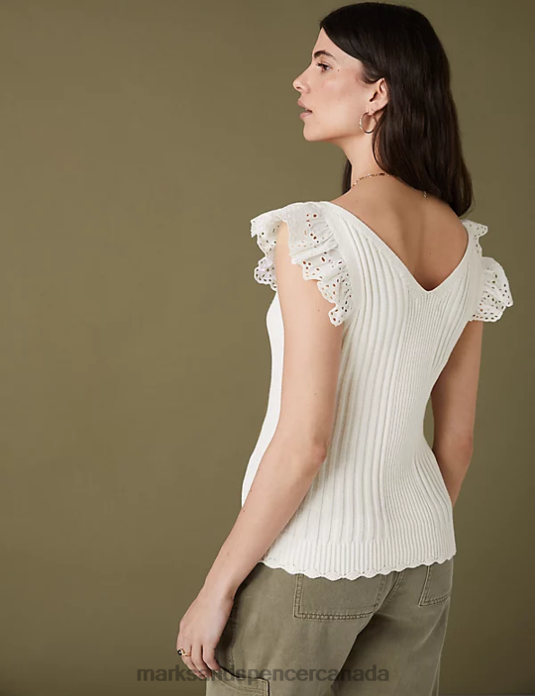 Women Ecru Clothing Marks & Spencer Pure Cotton Ribbed Frill Detail Knitted Top 20VTD2449 - Marks and Spencer outlet