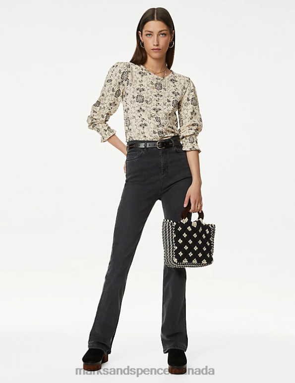 Women Ecru Mix Clothing Marks & Spencer Pure Cotton Printed Shirred Puff Sleeve Top 20VTD1239 - Marks and Spencer Canada locations