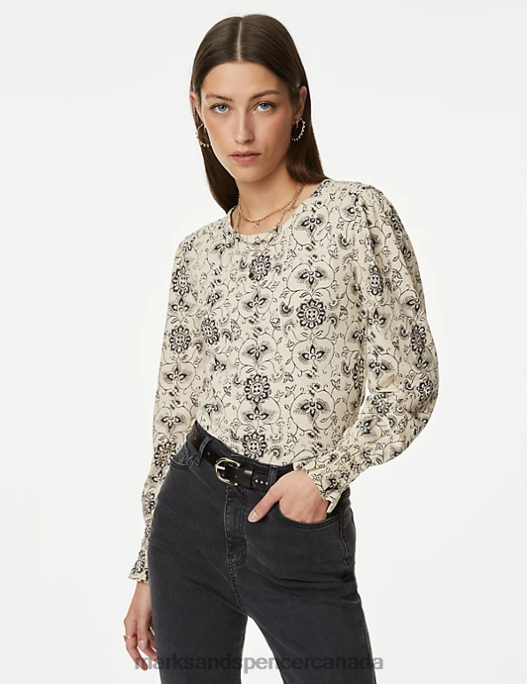 Women Ecru Mix Clothing Marks & Spencer Pure Cotton Printed Shirred Puff Sleeve Top 20VTD1239 - Marks and Spencer Canada locations