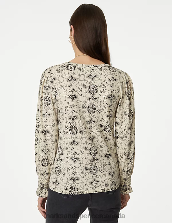 Women Ecru Mix Clothing Marks & Spencer Pure Cotton Printed Shirred Puff Sleeve Top 20VTD1239 - Marks and Spencer Canada locations