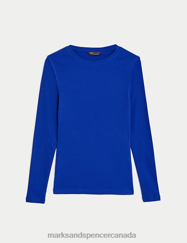 Women Electric Blue Clothing Marks & Spencer Cotton Rich Ribbed Top 20VTD583 - Marks and Spencer outlet