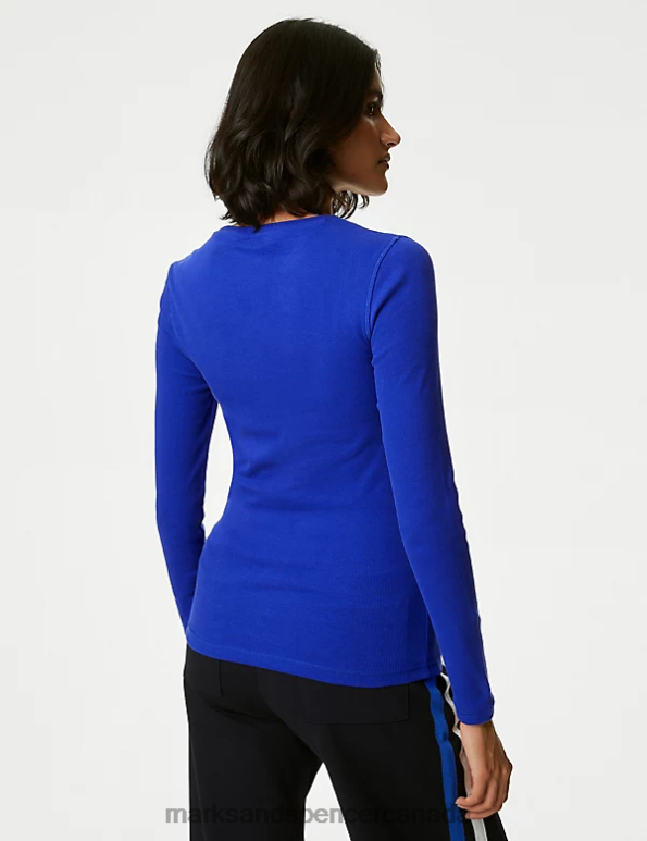 Women Electric Blue Clothing Marks & Spencer Cotton Rich Ribbed Top 20VTD583 - Marks and Spencer outlet