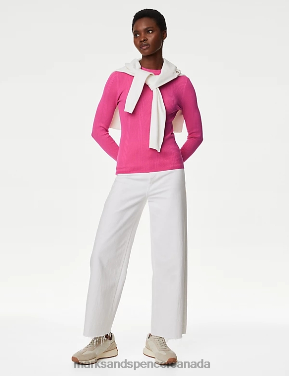 Marks and Spencer sale - Women Fuchsia Clothing Marks & Spencer Ribbed Crew Neck Fitted Knitted Top 20VTD1559