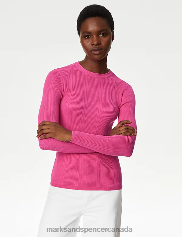 Marks and Spencer sale - Women Fuchsia Clothing Marks & Spencer Ribbed Crew Neck Fitted Knitted Top 20VTD1559