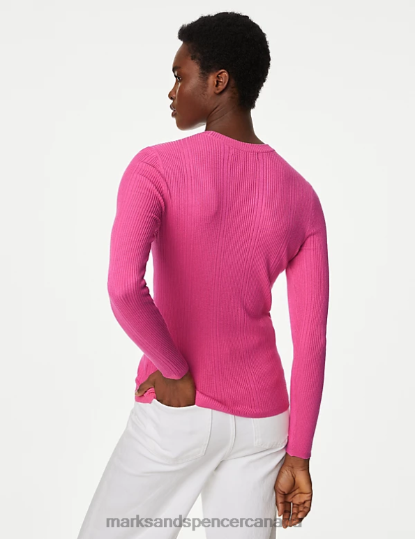 Marks and Spencer sale - Women Fuchsia Clothing Marks & Spencer Ribbed Crew Neck Fitted Knitted Top 20VTD1559