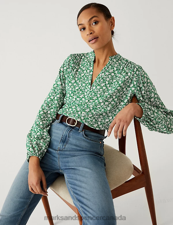 Marks and Spencer sale - Women Green Mix Clothing Marks & Spencer Floral V-Neck Popover Blouse 20VTD1040