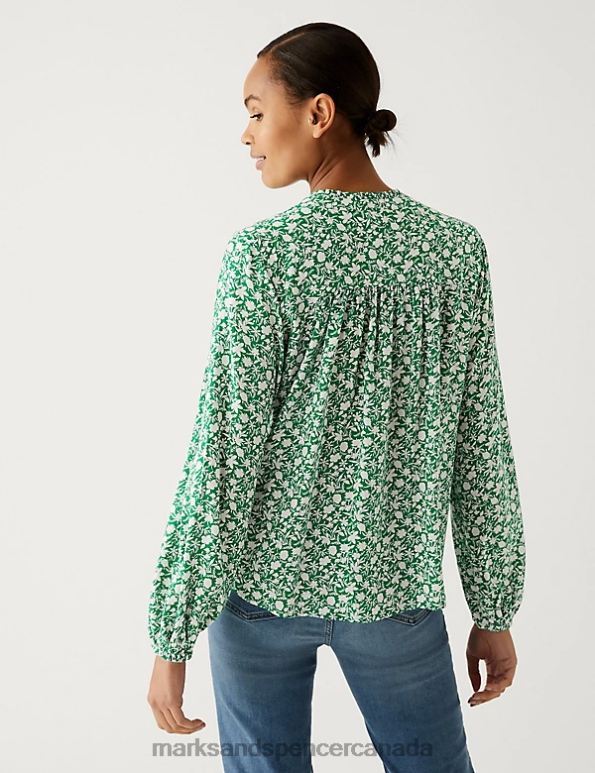 Marks and Spencer sale - Women Green Mix Clothing Marks & Spencer Floral V-Neck Popover Blouse 20VTD1040