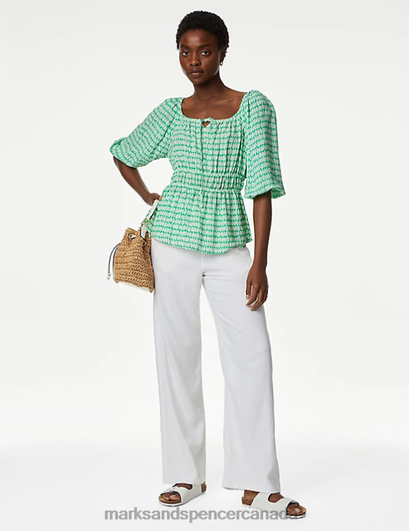 Marks and Spencer sale - Women Green Mix Clothing Marks & Spencer Printed Blouson Sleeve Peplum Top 20VTD729