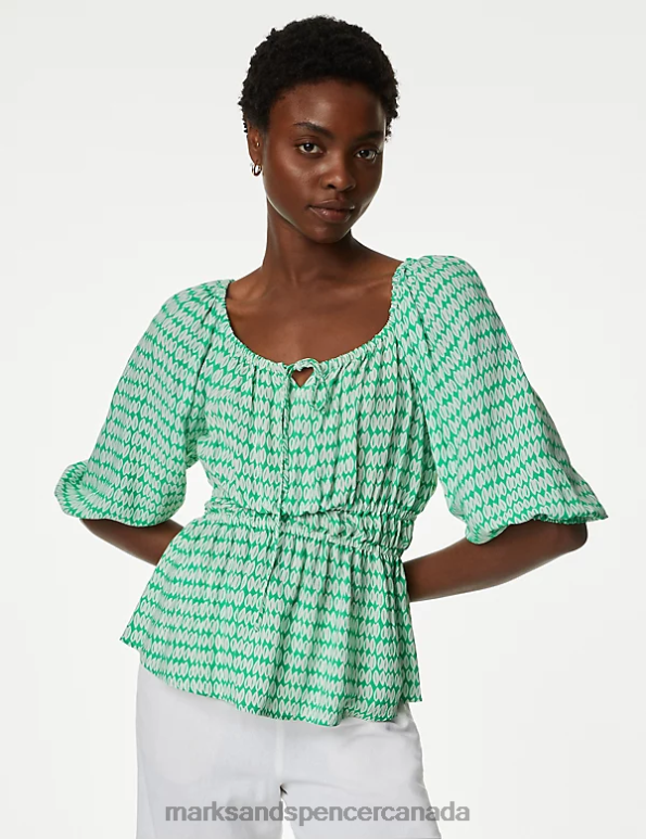 Marks and Spencer sale - Women Green Mix Clothing Marks & Spencer Printed Blouson Sleeve Peplum Top 20VTD729