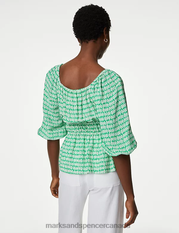 Marks and Spencer sale - Women Green Mix Clothing Marks & Spencer Printed Blouson Sleeve Peplum Top 20VTD729