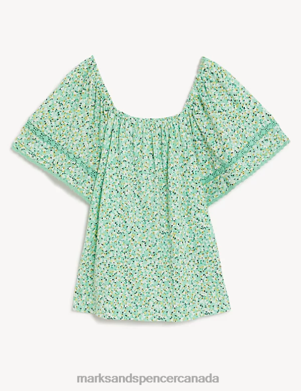Women Green Mix Clothing Marks & Spencer Pure Cotton Floral Top 20VTD695 - Marks and Spencer Canada locations