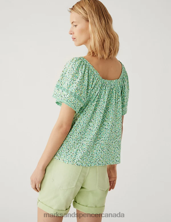 Women Green Mix Clothing Marks & Spencer Pure Cotton Floral Top 20VTD695 - Marks and Spencer Canada locations