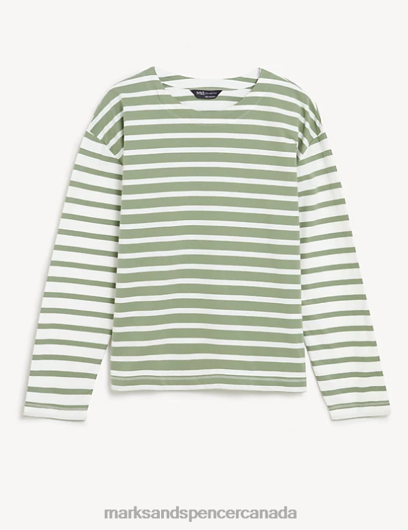 Marks and Spencer sale - Women Green Mix Clothing Marks & Spencer Pure Cotton Striped Crew Neck Top 20VTD1258