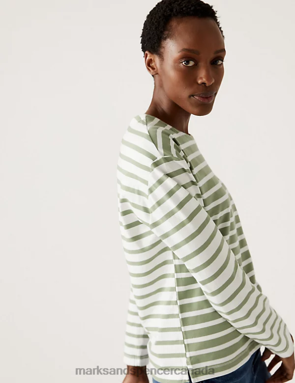 Marks and Spencer sale - Women Green Mix Clothing Marks & Spencer Pure Cotton Striped Crew Neck Top 20VTD1258