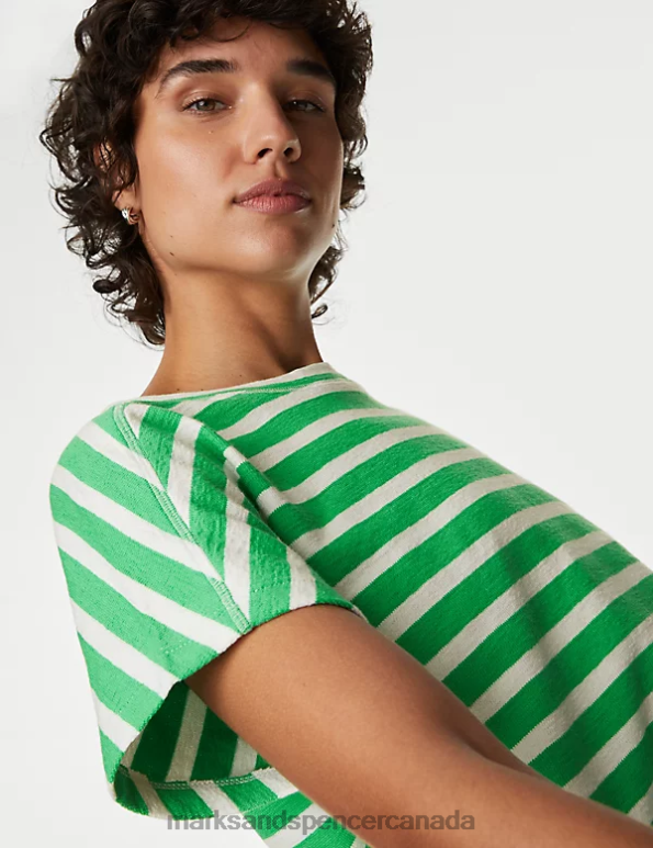 Women Green Mix Clothing Marks & Spencer Pure Cotton Striped Textured Top 20VTD601 - Marks and Spencer Canada locations
