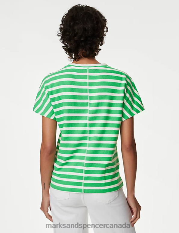 Women Green Mix Clothing Marks & Spencer Pure Cotton Striped Textured Top 20VTD601 - Marks and Spencer Canada locations