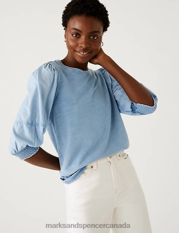 Marks and Spencer sale - Women Grey Blue Clothing Marks & Spencer Pure Cotton Crew Neck Volume Sleeve Top 20VTD297