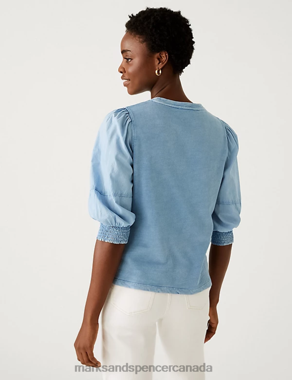 Marks and Spencer sale - Women Grey Blue Clothing Marks & Spencer Pure Cotton Crew Neck Volume Sleeve Top 20VTD297
