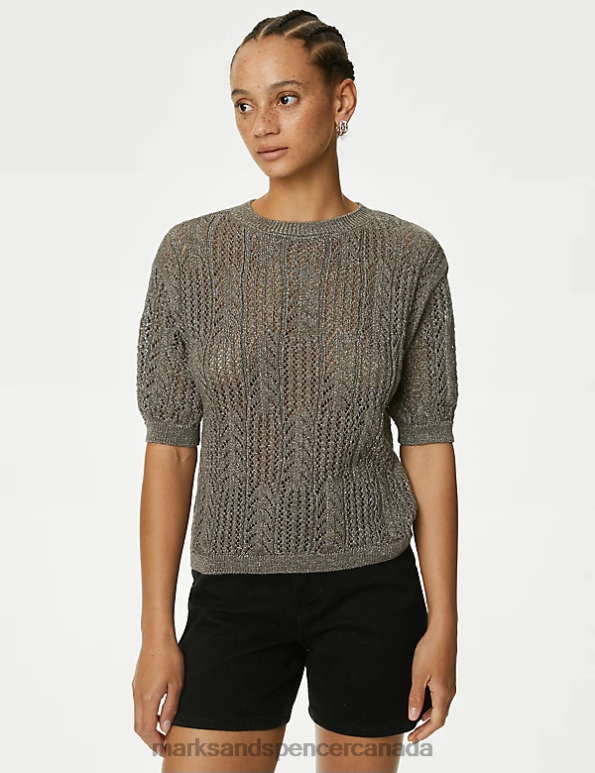 Women Grey Clothing Marks & Spencer Cotton Blend Sparkly Pointelle Knitted Top 20VTD123 - Marks and Spencer outlet