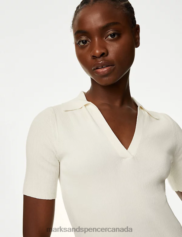 Marks and Spencer near me - Women Ivory Clothing Marks & Spencer Cotton Rich Ribbed Collared Knitted Top 20VTD1278