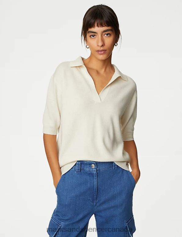 Marks and Spencer Canada - Women Ivory Clothing Marks & Spencer Pure Cashmere Collared Knitted Top 20VTD1148