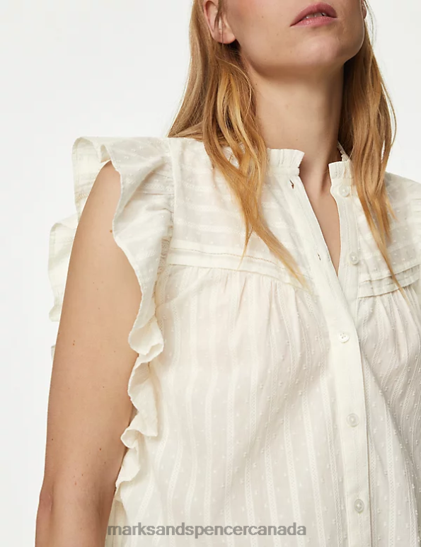 Women Ivory Clothing Marks & Spencer Pure Cotton High Neck Ruffle Blouse 20VTD1423 - Marks and Spencer online