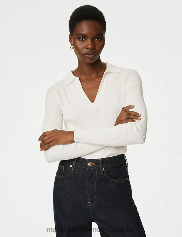 Marks and Spencer sale - Women Ivory Clothing Marks & Spencer Ribbed Collared Fitted Knitted Top 20VTD633