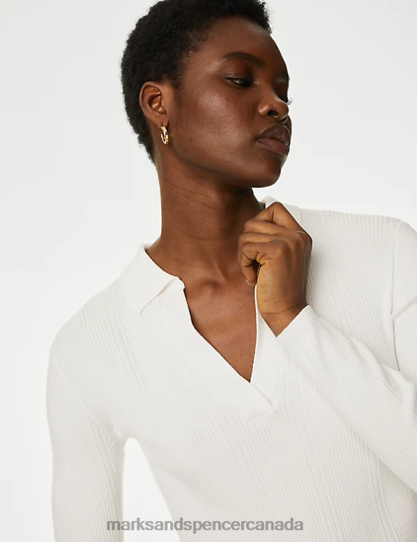 Marks and Spencer sale - Women Ivory Clothing Marks & Spencer Ribbed Collared Fitted Knitted Top 20VTD633