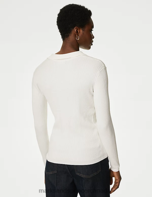 Marks and Spencer sale - Women Ivory Clothing Marks & Spencer Ribbed Collared Fitted Knitted Top 20VTD633