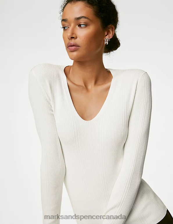 Women Ivory Clothing Marks & Spencer Ribbed V-Neck Knitted Top 20VTD518 - Marks and Spencer Canada locations
