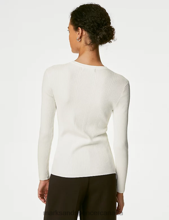 Women Ivory Clothing Marks & Spencer Ribbed V-Neck Knitted Top 20VTD518 - Marks and Spencer Canada locations