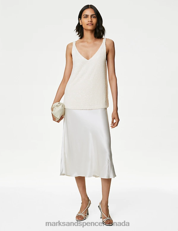 Marks and Spencer Canada - Women Ivory Clothing Marks & Spencer Sequin V-Neck Cami Top 20VTD539