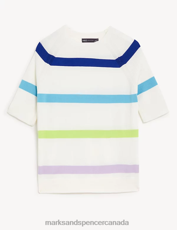 Marks and Spencer near me - Women Ivory Mix Clothing Marks & Spencer Cotton Rich Striped Ribbed Knitted Top 20VTD460