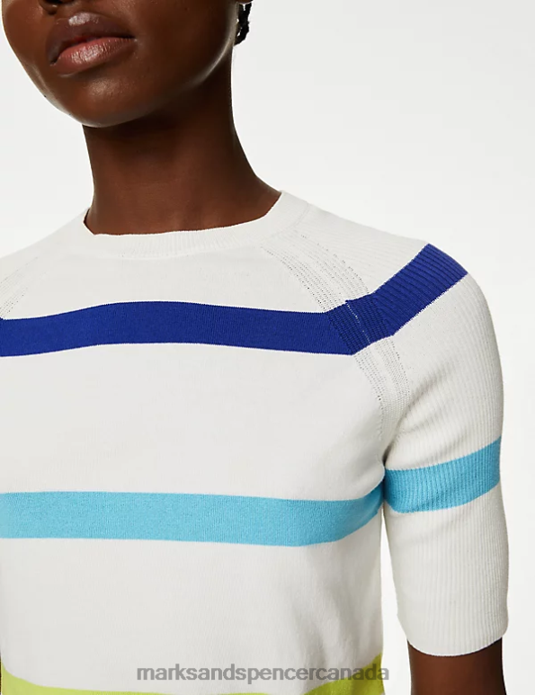 Marks and Spencer near me - Women Ivory Mix Clothing Marks & Spencer Cotton Rich Striped Ribbed Knitted Top 20VTD460