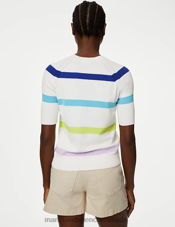 Marks and Spencer near me - Women Ivory Mix Clothing Marks & Spencer Cotton Rich Striped Ribbed Knitted Top 20VTD460