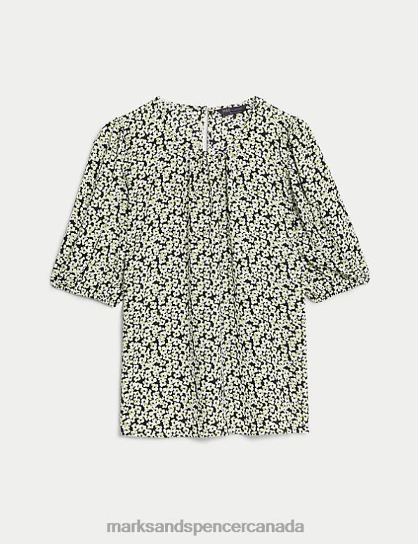 Women Ivory Mix Clothing Marks & Spencer Printed Pleated Top 20VTD121 - Marks and Spencer Canada locations