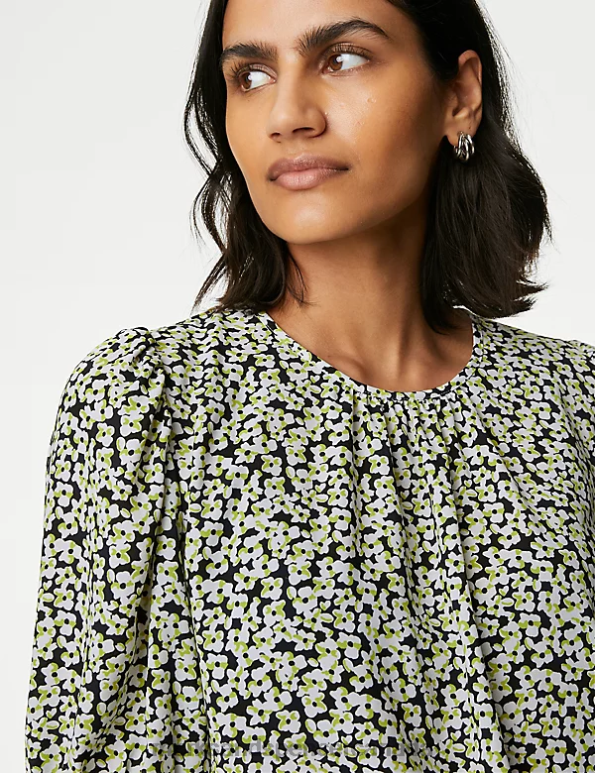 Women Ivory Mix Clothing Marks & Spencer Printed Pleated Top 20VTD121 - Marks and Spencer Canada locations