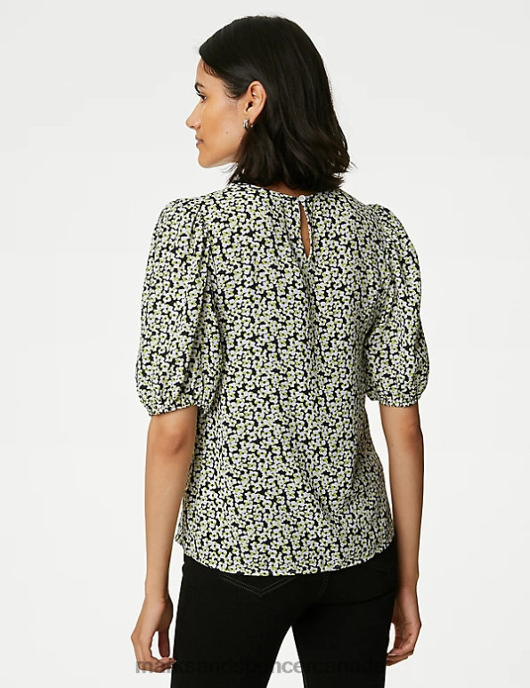 Women Ivory Mix Clothing Marks & Spencer Printed Pleated Top 20VTD121 - Marks and Spencer Canada locations