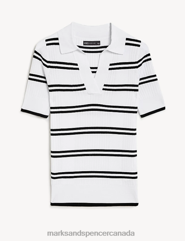 Marks and Spencer sale - Women Ivory Mix Clothing Marks & Spencer Striped Ribbed Collared Knitted Top 20VTD847