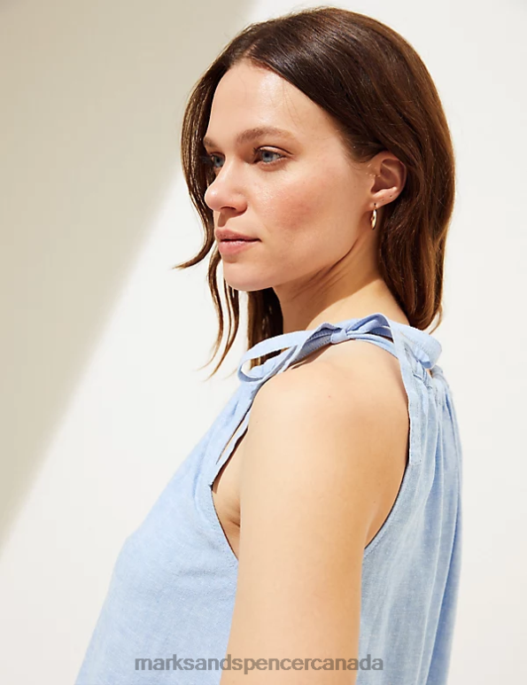 Women Light Chambray Clothing Marks & Spencer Linen Rich High Neck Tie Detail Cami Top 20VTD2309 - Marks and Spencer online