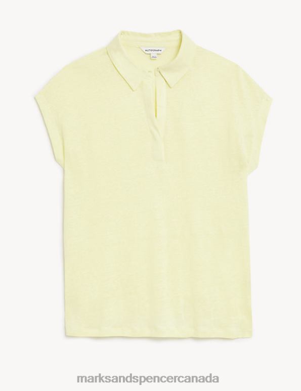 Women Light Citrus Clothing Marks & Spencer Pure Linen Collared Short Sleeve Top 20VTD3001 - Marks and Spencer outlet