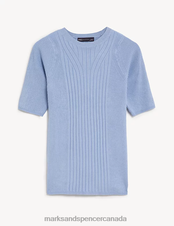 Women Medium Blue Clothing Marks & Spencer Ribbed Crew Neck Knitted Top 20VTD414 - Marks and Spencer outlet