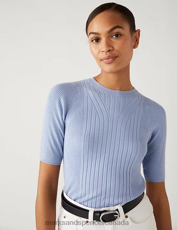Women Medium Blue Clothing Marks & Spencer Ribbed Crew Neck Knitted Top 20VTD414 - Marks and Spencer outlet