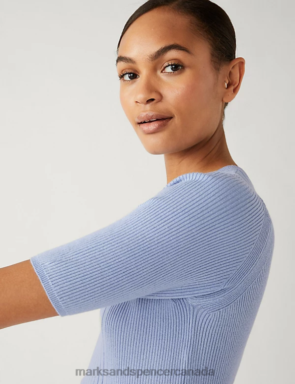 Women Medium Blue Clothing Marks & Spencer Ribbed Crew Neck Knitted Top 20VTD414 - Marks and Spencer outlet